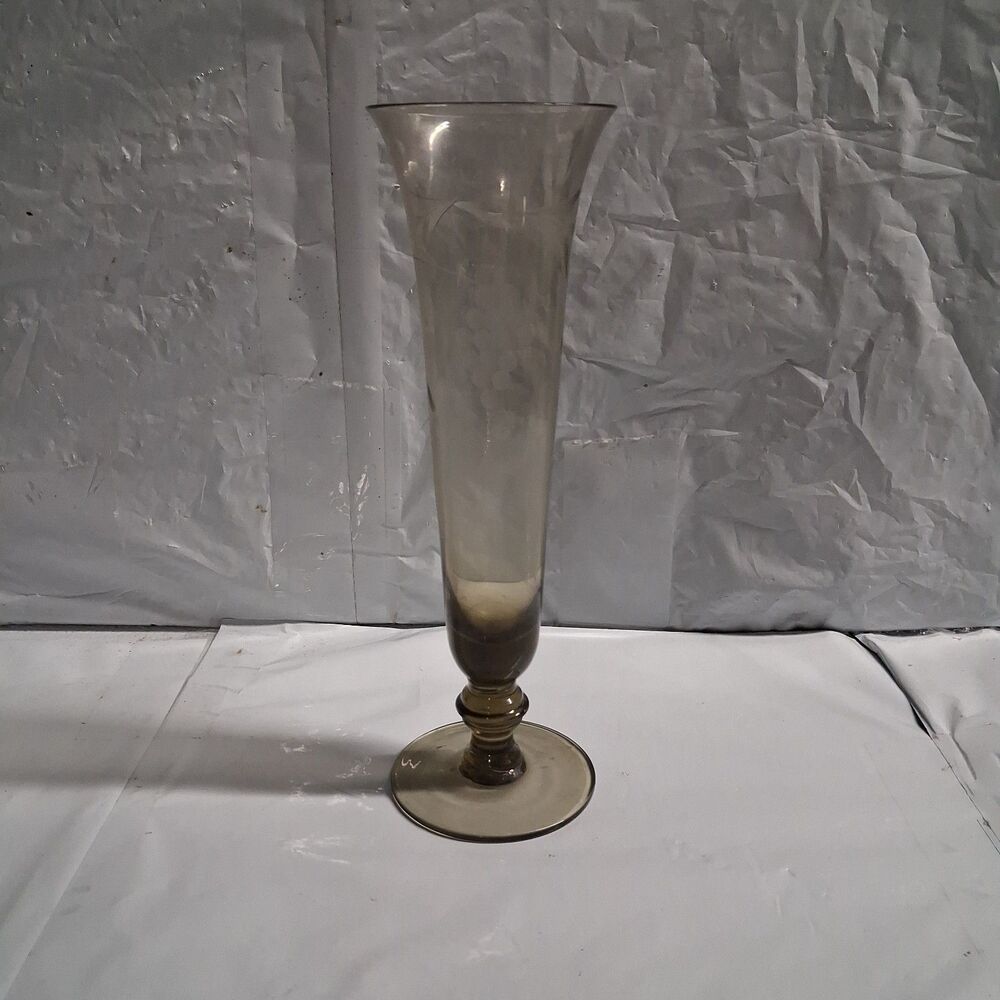 Etched Glass Bud Vase With Floral Design 7 9.25” Tall Light Smokey Gray